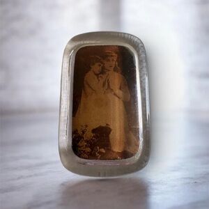 Antique Picture Glass Rectangular Paperweight. Two Children Praying